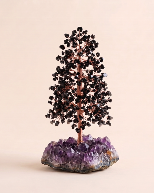 Shadow Guardian - Obsidian crystal tree with raw amethyst base